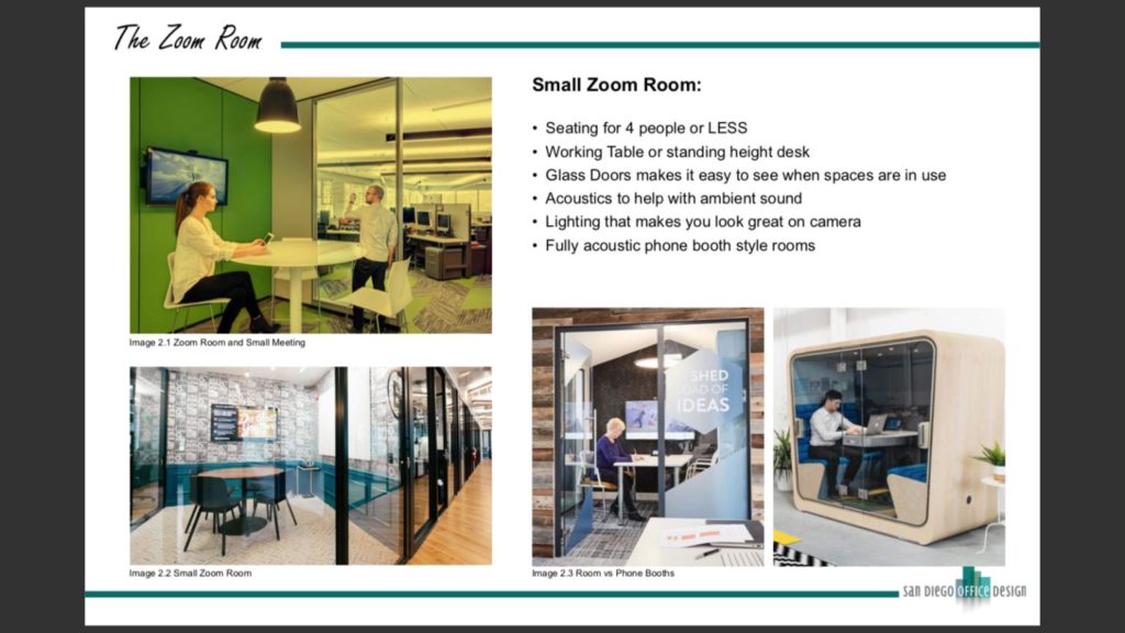 Picture of three small rooms or pods with people working in them.