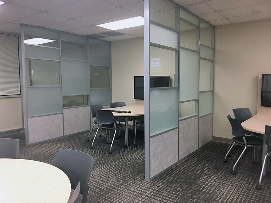 Demountable Semi-Private Divider Walls with Solid Glass Panels