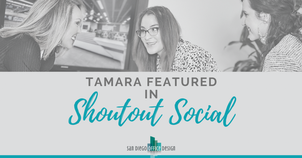 Gray and blue graphic that reads "Tamara Featured in Shoutout Social" with a photo of three women working together and talking