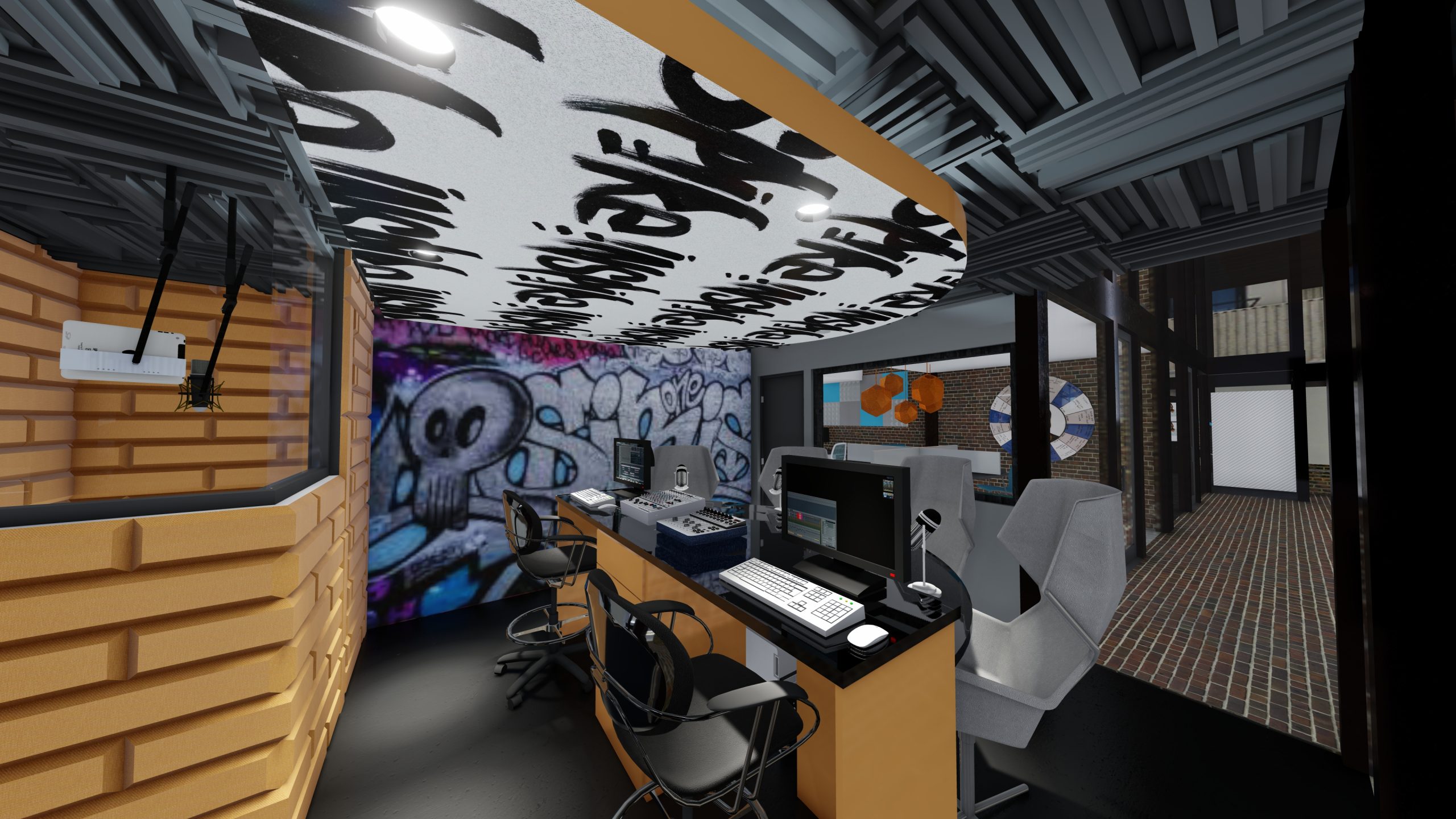 A podcast studio with a solid gold brick recording studio and graffiti artwork on the walls and ceiling