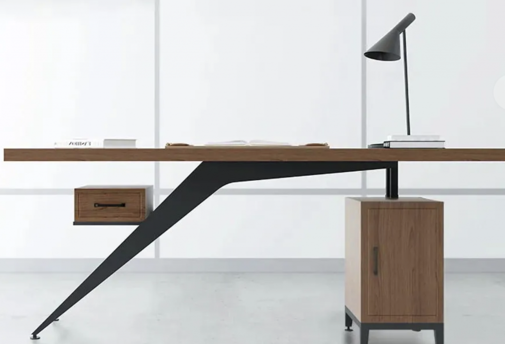 A Mid-Century Modern executive desk made from solid wood and bent metal