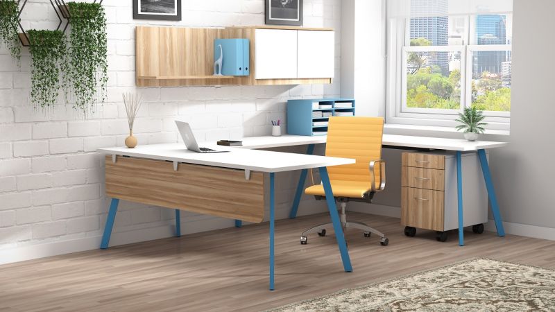 An office with a large blue and white executive desk and a yellow chair
