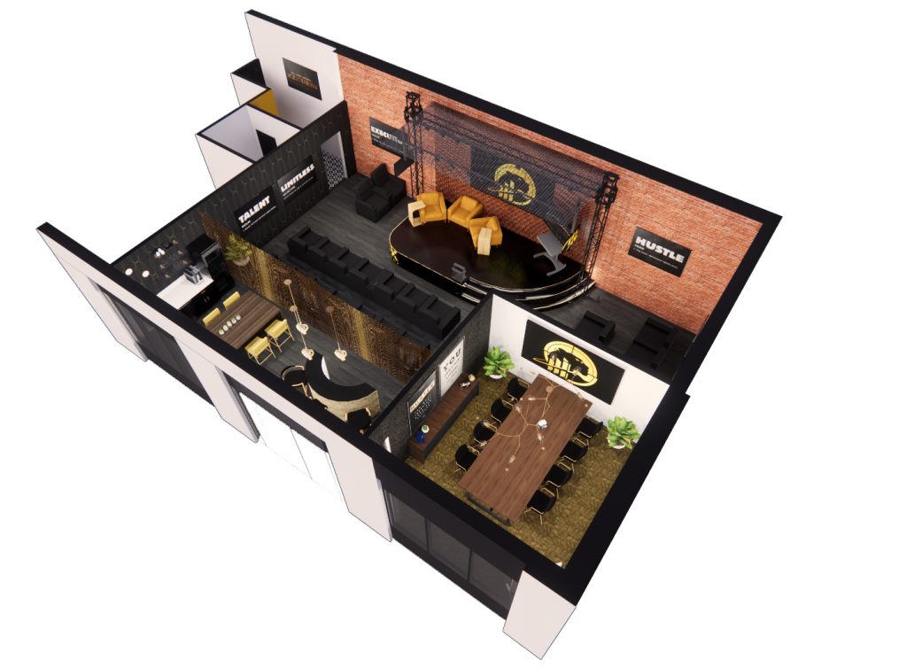 3D Floor plan multiuse space rendering stage event conference room branding high end gold brick moody design stylish