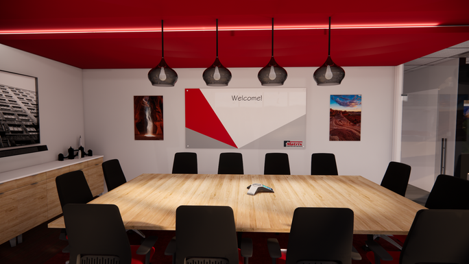 Conference Room with red accent colors and dropped ceiling