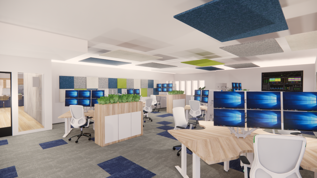 Open workstation layout multiple screen acoustic solution on walls and ceilings