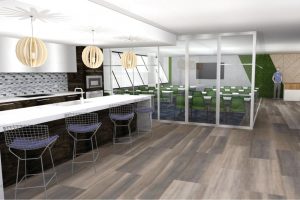 Rendering of a workspace with a kitchen and meeting area behind the kitchen