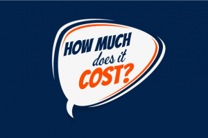 A speech bubble on a blue background that reads, "How much does it cost?"